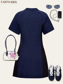 SHEIN 1 pieza Vestido de carreras de cuello polo ajustado para adolescentes niñas, con estampado de gráficos y letras