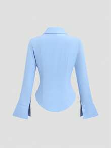 TRNVIE Women Embroidery Decor Waist-Cinched Bell Sleeve Shirt Fall Cloth For Women - Blue - View 2