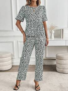 Chiquease Women Leopard Print Ruffle Hem Round Collar Short Sleeve Top And Pants Casual 2pcs Set, Spring Summer - Multicolor - View 4