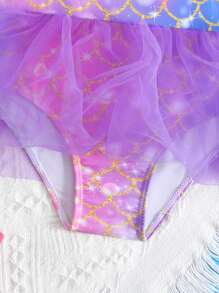 Young Girl Mermaid Print Contrast Mesh Ruffle One-Piece Swimsuit - Multicolor - View 4
