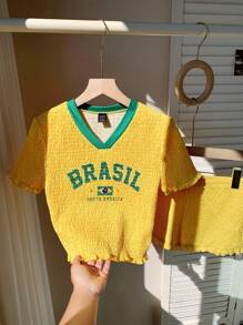 Comfortcana 字母与数字印花短款健身服套装 - 黃色 - 查看 5