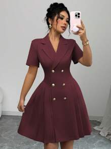 Elenzga Women's French Style Office Commute Dress, Elegant Lapel V-Neck Double-Breasted Waistline A-Line Ruffle Hem Short Sleeve Mini Dress, Spring/Summer - Burgundy - View 5