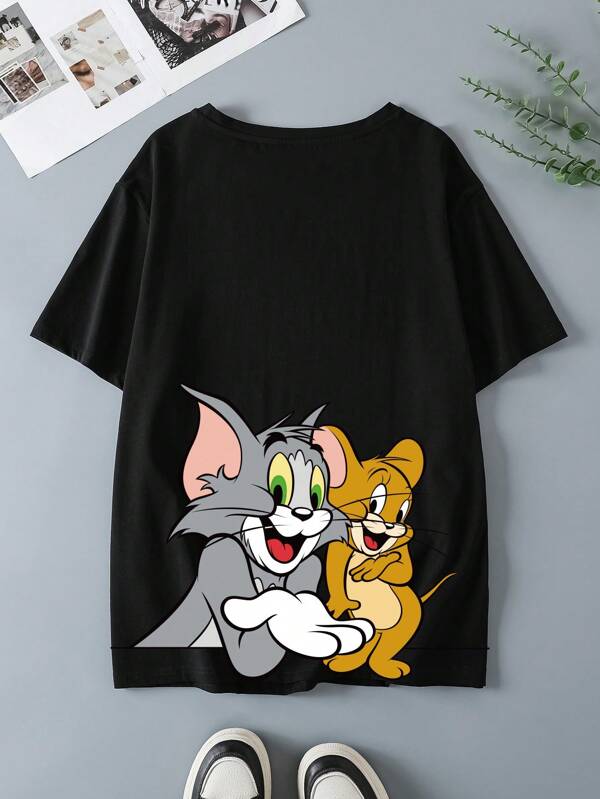 TOM & JERRY X SHEIN Tricou cu mânecă scurtă cu litere, lejer, mărime Plus, vară