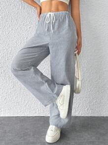 SHEIN PETITE Striped Women's Linen Low Rise Pants, Summer Vacation - Navy Blue - View 3