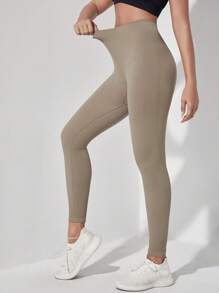 SHEIN Sports Rib-knit Running Tights Seamless Medium Stretch Athletic Leggings - Khaki - View 7
