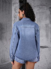 SHEIN EZwear Women's Casual Light Wash Denim Jacket With Round Neck And Wrist-Length Sleeves - Light Wash - View 2
