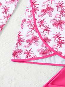 SHEIN 青少年女孩无袖分体泳衣 | 海滩度假长袖分体泳衣套装 | 可爱印花泳衣 - 玫紅色 - 查看 4