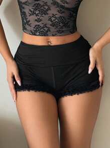 SHEIN ICON Y2K sexy taillenkurze Shorts mit tiefer Taille, Raffungen, Rüschen und Spitzeneinsätzen, schwarz