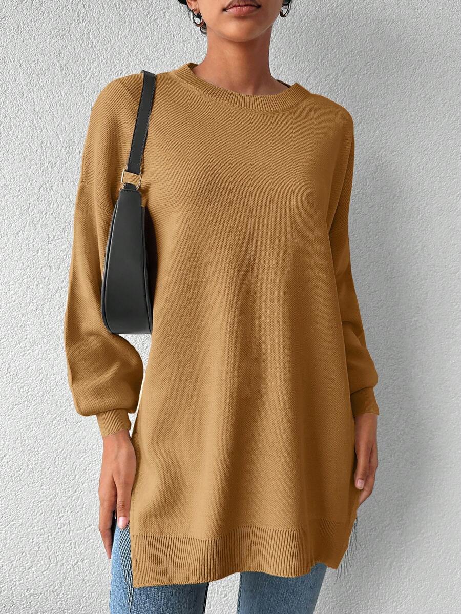 EURMUSE Drop Shoulder Split Hem Sweater - Camel - View 1