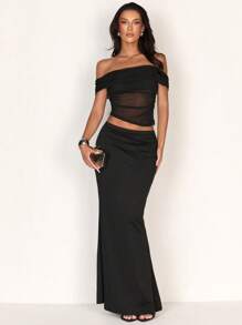 Glamine 2pcs Women's Summer Elegant Sexy Open Shoulder Sheer Mesh Top And Mermaid Knit Skirt Set, Women Clothing Sets - Black - View 4