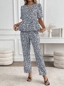 Chiquease 2pcs/Set Women Leopard Print Ruffle Trim Crew Neck Top And Pants - Multicolor - View 1