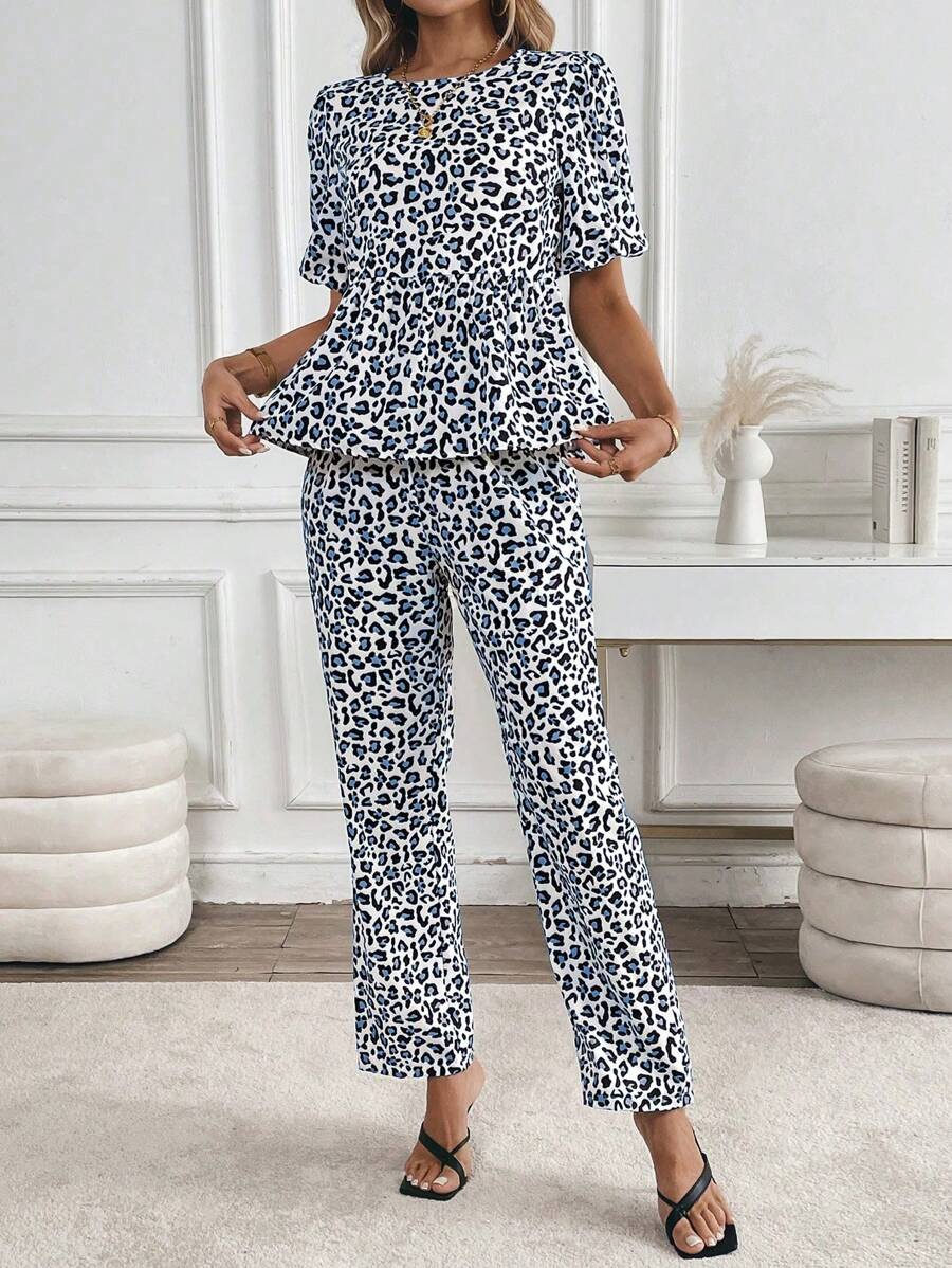 Chiquease 2pcs/Set Women Leopard Print Ruffle Trim Crew Neck Top And Pants - Multicolor - View 1