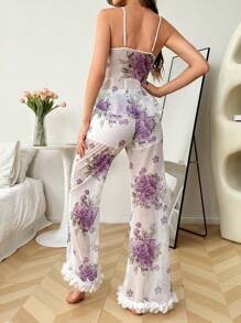 SHEIN Conjunto de pijama de camiseta de tirantes con estampado floral de decoración con diamante en forma de corazón y pantalones para vacaciones