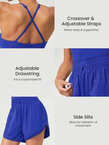 GLOWMODE Powersculpt™ Sweat-Wicking Quick-Dry Cool Feel Ready To Romp Crossover Back Elastic Waist Curved Hem Square Neck Athletic Romper High Impact Workout Running Training Gym