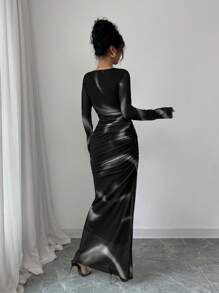Elenzga Đầm Maxi Ôm Body Xếp Nếp Lưới In Màu Chuyển Sắc Thanh Lịch Cho Nữ - màu đen - Xem 2