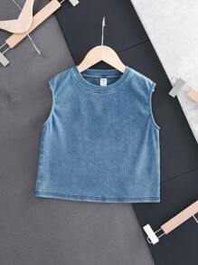 SHEIN Young Boy New Fashion Casual Soft Stonewashed Oversize Blue Knitted Denim Tank Top, For Summer And Daily Streetwear - Medium Wash - View 1