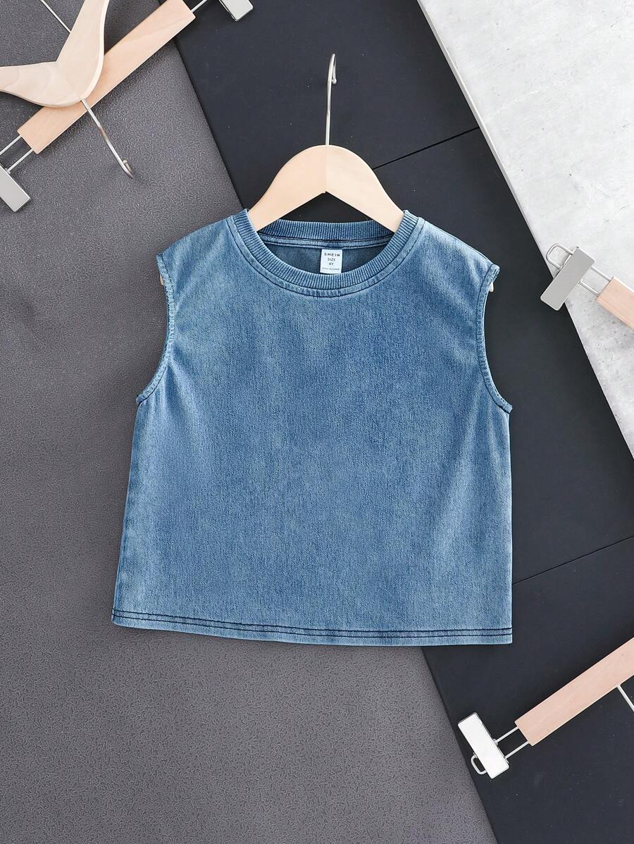 SHEIN Young Boy New Fashion Casual Soft Stonewashed Oversize Blue Knitted Denim Tank Top, For Summer And Daily Streetwear - Medium Wash - View 1