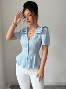 Elenzga Áo cánh nữ cổ chữ V thiết kế nơ hở phía trước vải dệt trơn màu thanh lịch tinh tế dành cho người lớn trẻ tuổi đa năng giúp thon gọn - Màu xanh lam - Xem 3