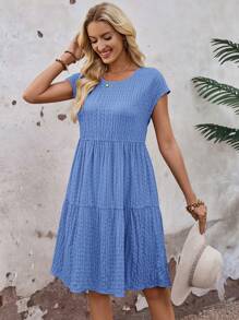 EMERY ROSE Women's Spring/Summer Solid Ruffle Hem Round Neck Short-Sleeve Dress Vacation Outfits Women,Bohemia