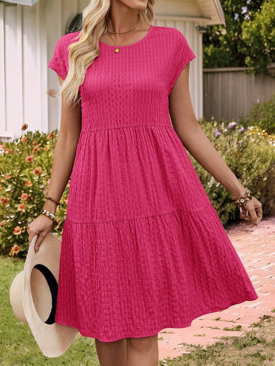 EMERY ROSE Women's Spring/Summer Solid Ruffle Hem Round Neck Short-Sleeve Dress,Bohemia