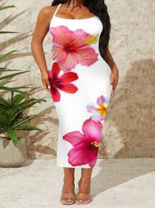 SHEIN SXY Robe moulante à motif floral casual en grande taille, convient pour l'été