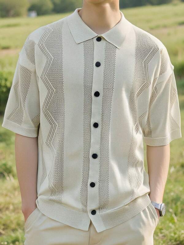 Manfinity CasualKnits Top casual de punto de manga corta, de un solo pecho, de unicolor y calado para hombres