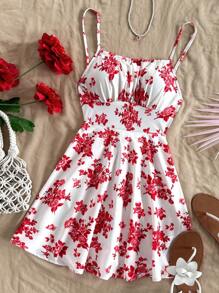 Soleia Damen Urlaubs Rot & Weiß Blume Muster rückenfrei Spaghettiträger A-Linie Mini Kleid, geeignet zum Layering im Herbst/Winter, Partywear - Rot - Übersicht 3