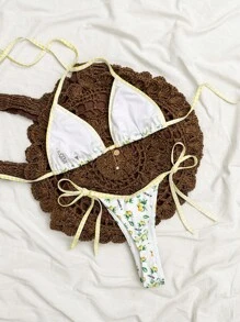 SHEIN Swim 2pcs Women Textured Lemon Print Triangle Spaghetti Strap Top Halter Neck & Tie Side Bottoms Swimwear Set For Summer Beach Vacation