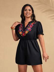 SHEIN Clasi Tuta jumpsuit estiva casual da donna taglia comoda con maniche a sbuffo, scollo a V, vita stretta, stampa floreale in rilievo, adatta per vacanze - Multicolore - Visualizzare 6