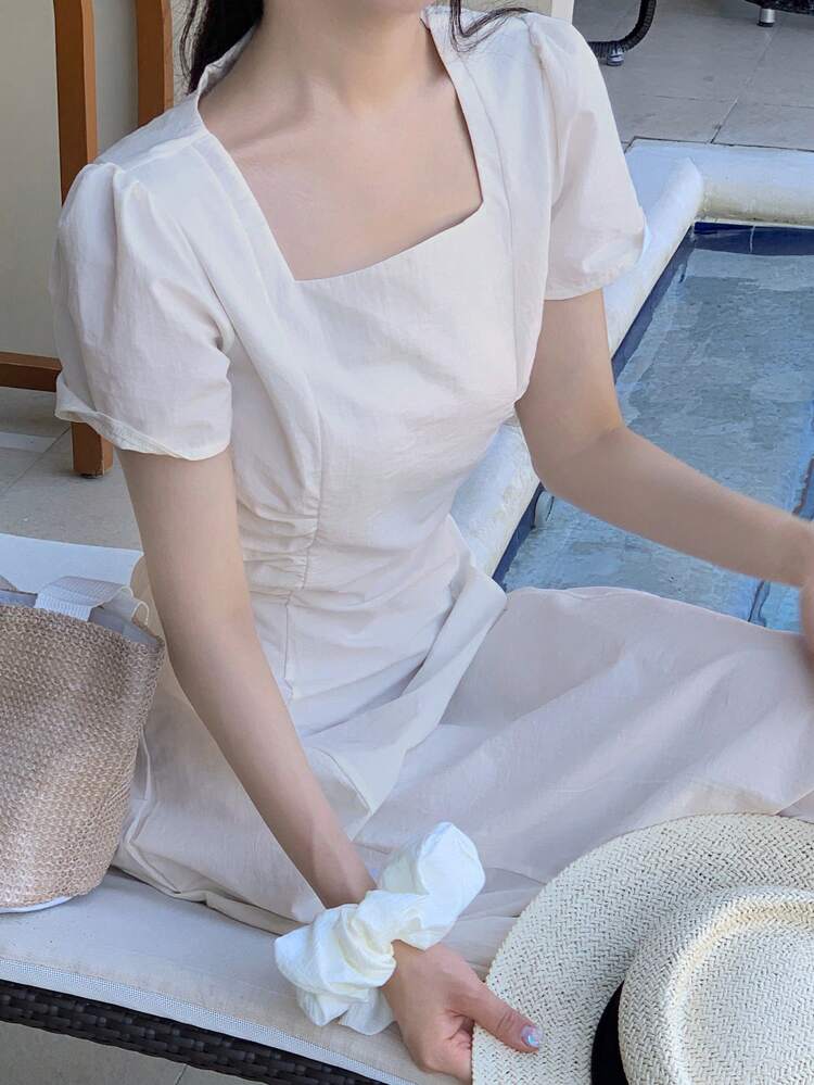 Women Solid Color Small Square Collar Patchwork Pleat Waist Short Sleeve Long Dress, White, Spring/Summer,Casual Women Dresses Maxi Dress