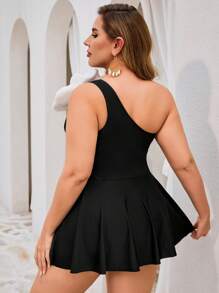 SHEIN Swim Curve Plus Size Women 1pc Black Large White Floral Elegant Fashion One-Shoulder One Piece Swim Dress, Casual Beach Resort Wear - Black and White - View 2