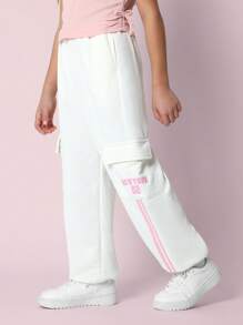 SUMWON Pantalones jogger deportivos con diseño de rayas rosas y logotipo NY, cómodos, con puños elásticos, bolsillos tipo cargo, ropa de calle casual para entrenamiento deportivo, para otoño e invierno - Beis - Ver 1