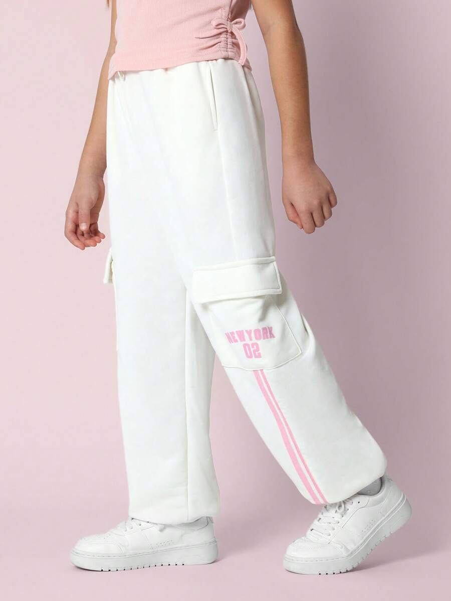 SUMWON Pantalones jogger deportivos con diseño de rayas rosas y logotipo NY, cómodos, con puños elásticos, bolsillos tipo cargo, ropa de calle casual para entrenamiento deportivo, para otoño e invierno - Beis - Ver 1