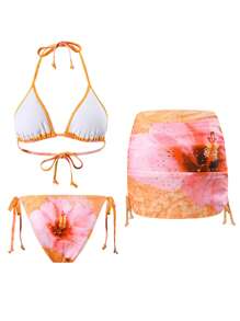 SHEIN Swim Women Summer Vacation Floral Print Spaghetti Strap Crop Top And Side Tie Bikini Bottom With Ruched Hem Beach Skirt 3 Pieces Swimwear Set Outfit - Multicolor - View 6