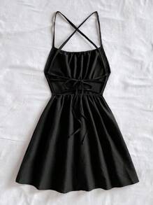 SHEIN WYWH Đầm đen hở lưng mini dây chéo đỏ gợi cảm - màu đen - Xem 2