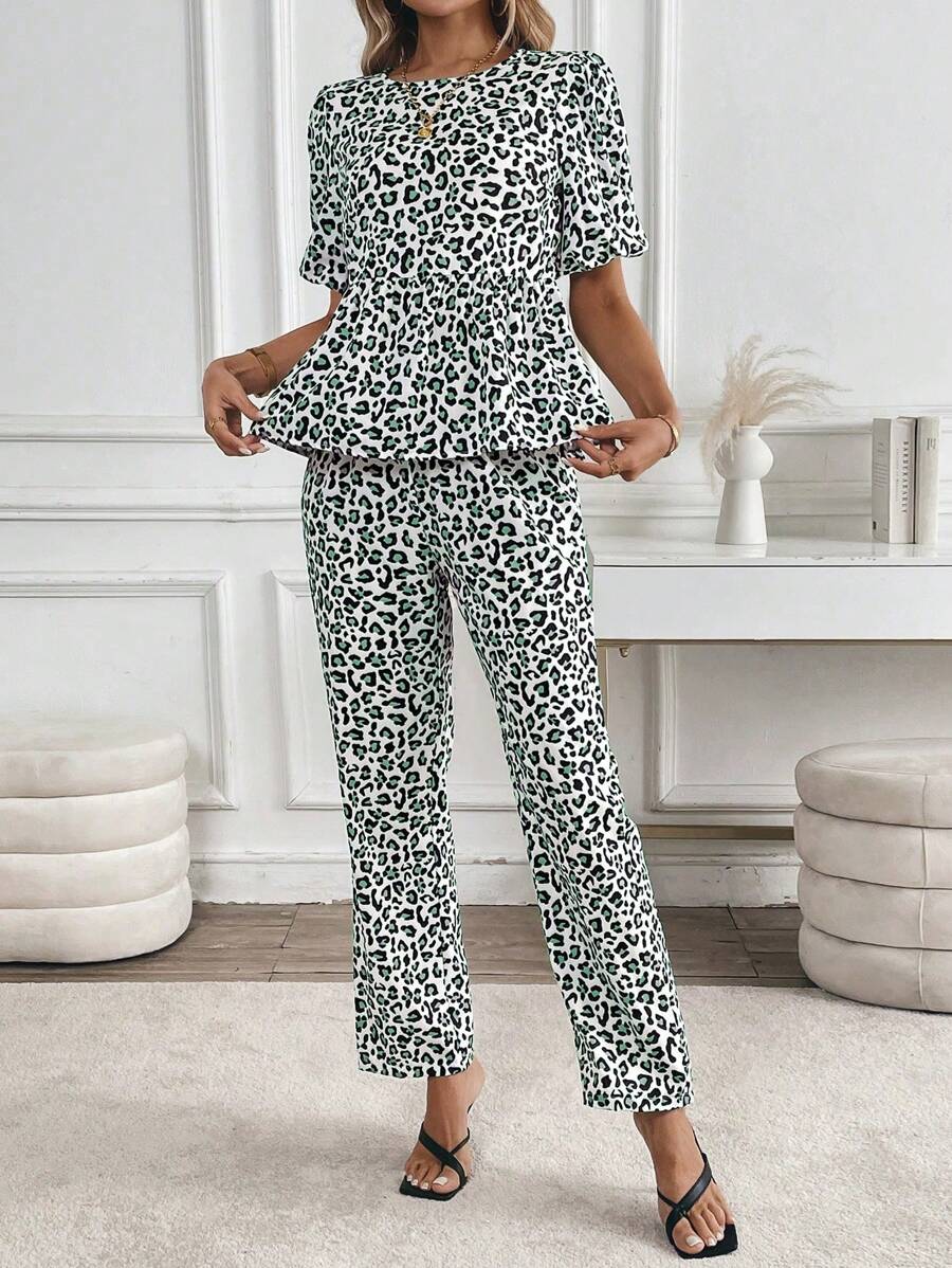 Chiquease Women Leopard Print Ruffle Hem Round Collar Short Sleeve Top And Pants Casual 2pcs Set, Spring Summer - Multicolor - View 1