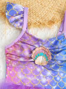 Young Girl Mermaid Print Contrast Mesh Ruffle One-Piece Swimsuit - Multicolor - View 3