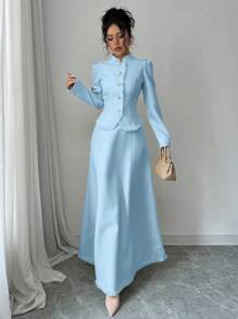 Elenzga 女士优雅拼布流苏边夹克和中长裙套装 - 藍色 - 查看 6