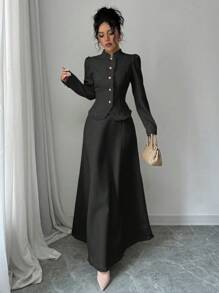 Elenzga 2 件套：女士优雅拼接流苏夹克和裙子 - 黑色 - 查看 4