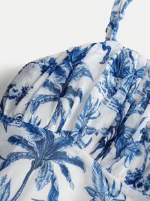 SHEIN Vintage Stijl Blauw & Wit Bloemenprint Gerimpelde Buste A-lijn Mini Jurk Voor Tienermeisjes, Geschikt Voor Zomer, Afstuderen, Terug Naar School, Vakantie, Festivals, Lunches, Uitjes