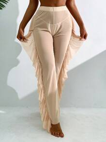 SHEIN Swim Women's Vacation Solid Color Ruffle Hem Cover Up Pants - Apricot - View 1