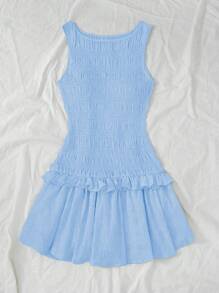 SHEIN Unity Elegant Solid Color Ruffled Hem Mini Dress - Blue - View 5