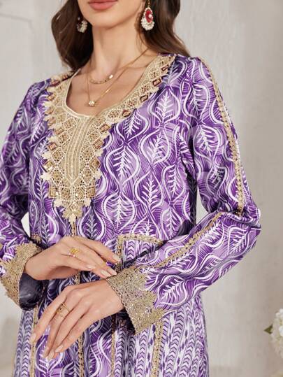 Al Najma 女士方领图案传统优雅土耳其长裙和阿拉伯传统长袍