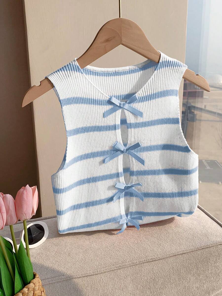 Comfortcana Áo len không tay họa tiết sọc màu đơn giản mùa hè cho nữ - Màu xanh lam - Xem 1