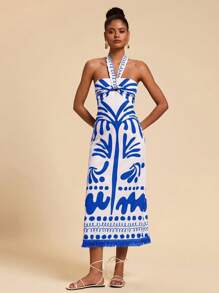 Travachic 女式印花挂脖式修身长裙 - 藍色 - 查看 5