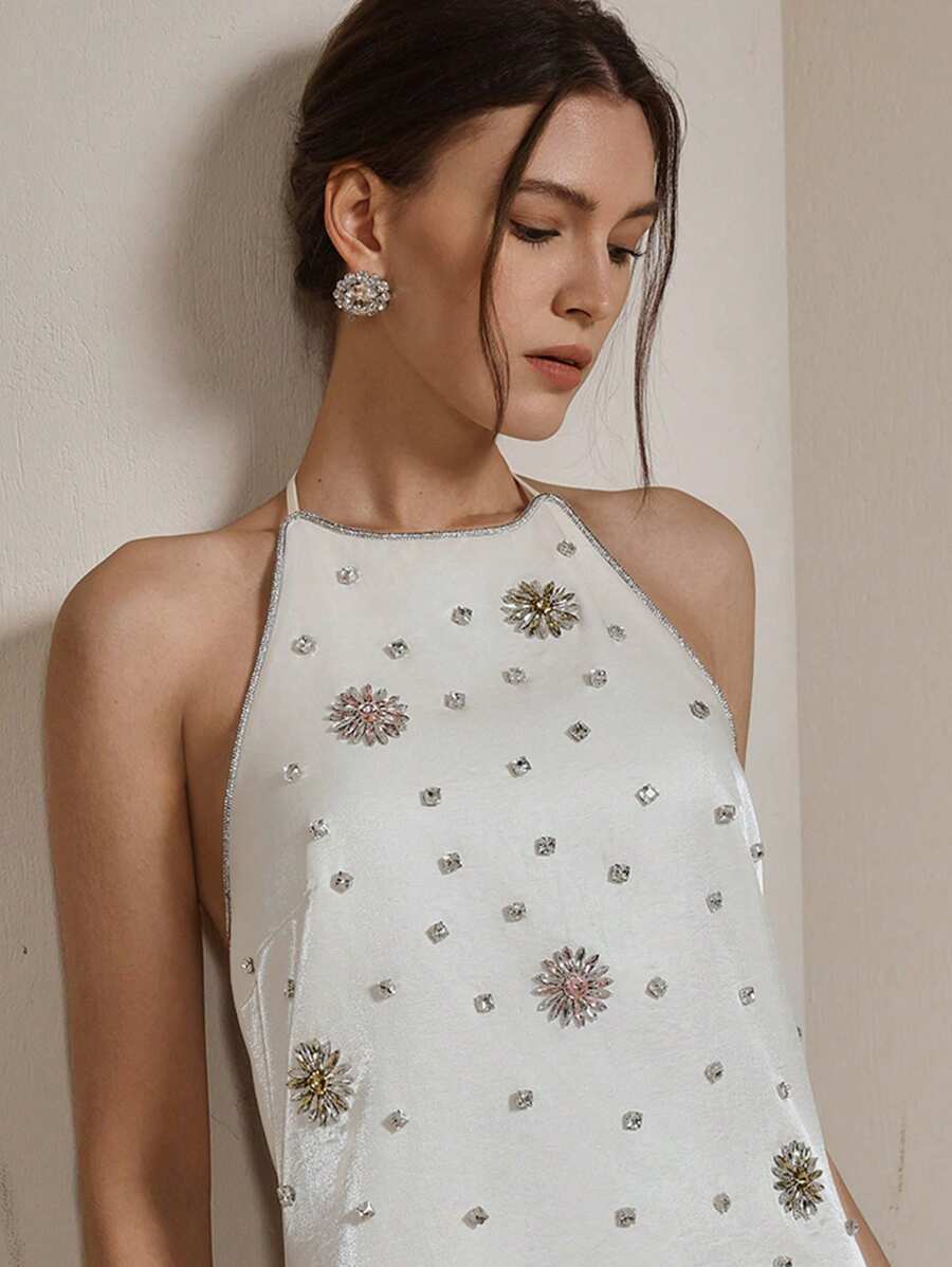 Anewsta Vestido Elegante Romântico Francês de Festa para Encontros, com Estampa Floral, Adornado com Strass e Miçangas, sem Mangas, Roupas de Primavera/Verão para Mulheres - Champanhe - Visão 1