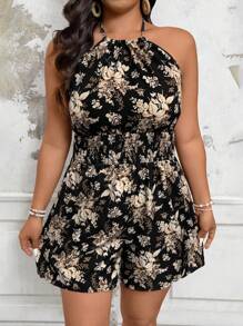 Breezaya Plus Size Women Holiday Floral Print Tie-Front Halter Romper - Black - View 6