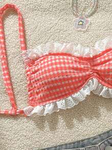 Swim Mod 粉色格子荷叶边细肩带吊带女式泳衣套装，可爱的夏季沙滩装