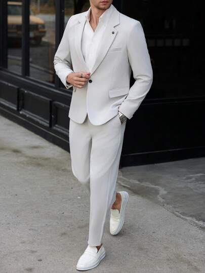 Manfinity Mode Men's Plus Size Solid Color Jacket And Trousers Suit Set