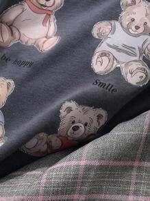DAZY Ensemble 2 pièces pour filles pré-adolescentes: T-shirt à manches courtes avec imprimé ours de bande dessinée et jupe plissée à carreaux. Tenues d'été pour filles, vêtements pour la rentrée scolaire - Gris - Voir 7